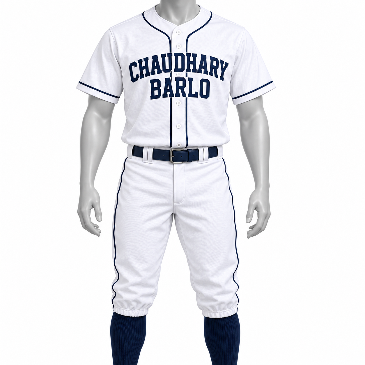 Custom White & Navy Baseball Uniform with Knicker Pants – Chaudhary Barlo