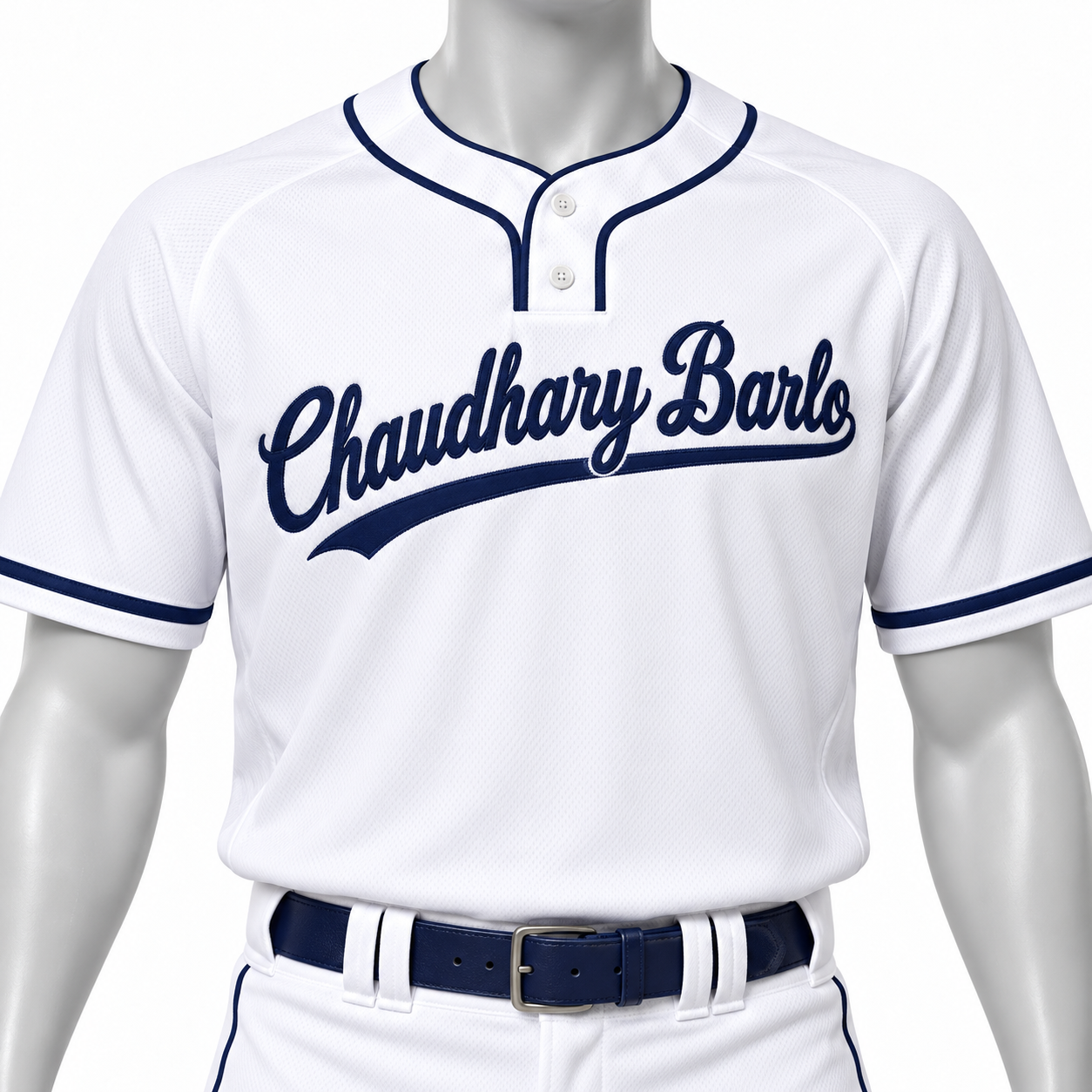 Custom Two-Button Baseball Uniform with Full-Length Pants – White & Navy | Chaudhary Barlo