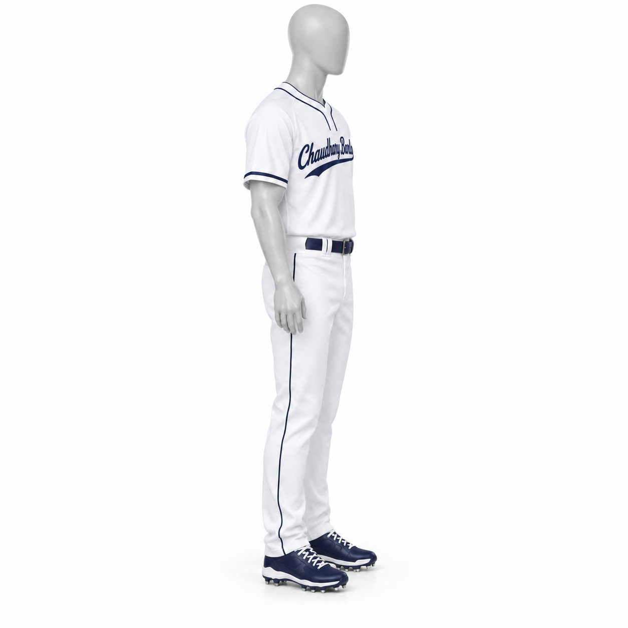 Custom Two-Button Baseball Uniform with Full-Length Pants – White & Navy | Chaudhary Barlo image 2