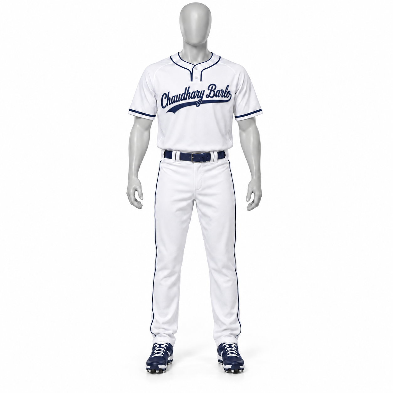 Custom Two-Button Baseball Uniform with Full-Length Pants – White & Navy | Chaudhary Barlo image 3