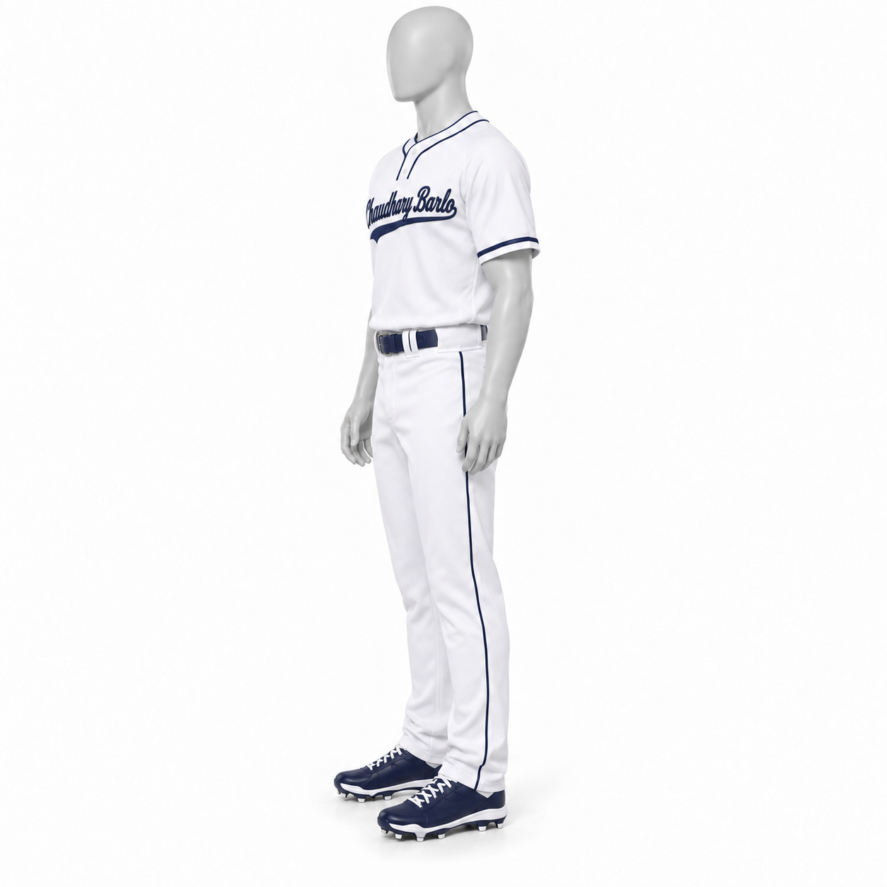 Custom Two-Button Baseball Uniform with Full-Length Pants – White & Navy | Chaudhary Barlo image 4