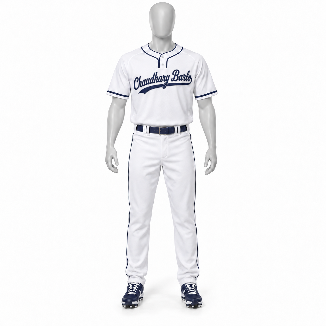 Custom Two-Button Baseball Uniform with Full-Length Pants – White & Navy | Chaudhary Barlo image 5