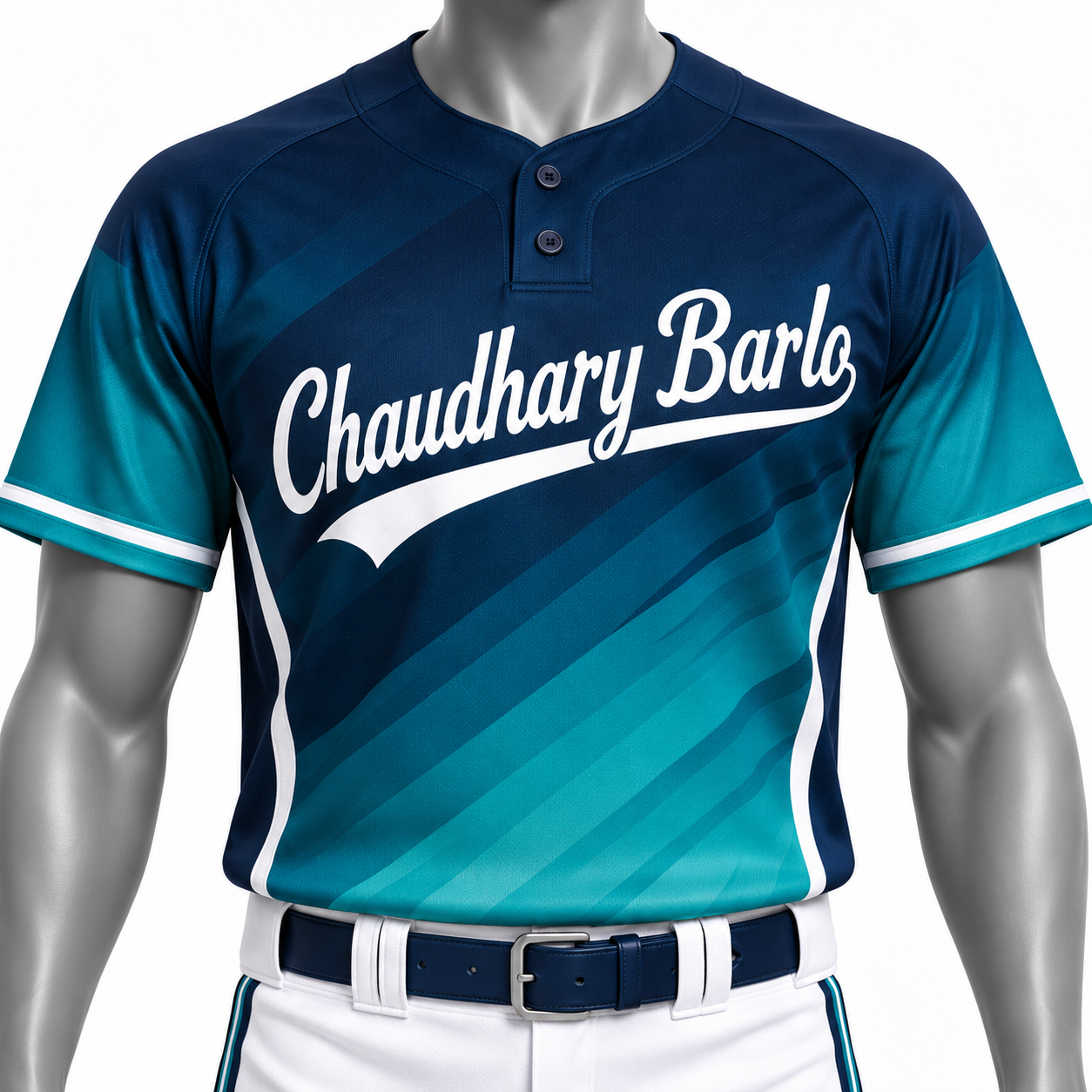 Custom Navy & Teal Sublimated Baseball Uniform – Two-Button Jersey & Full-Length Pants