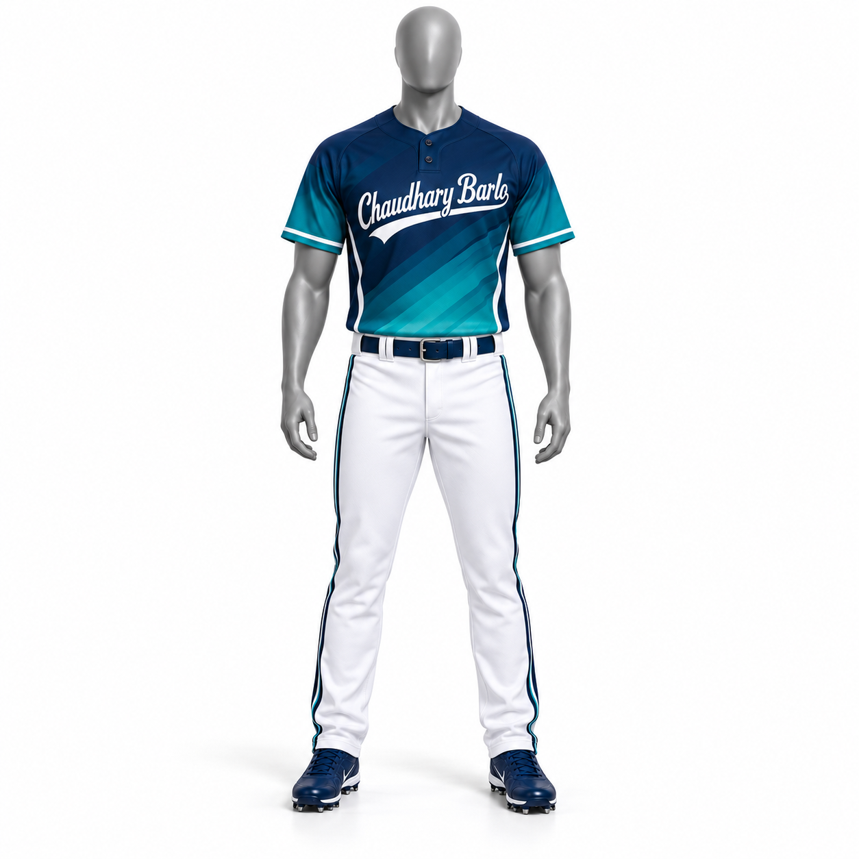 Custom Navy & Teal Sublimated Baseball Uniform – Two-Button Jersey & Full-Length Pants