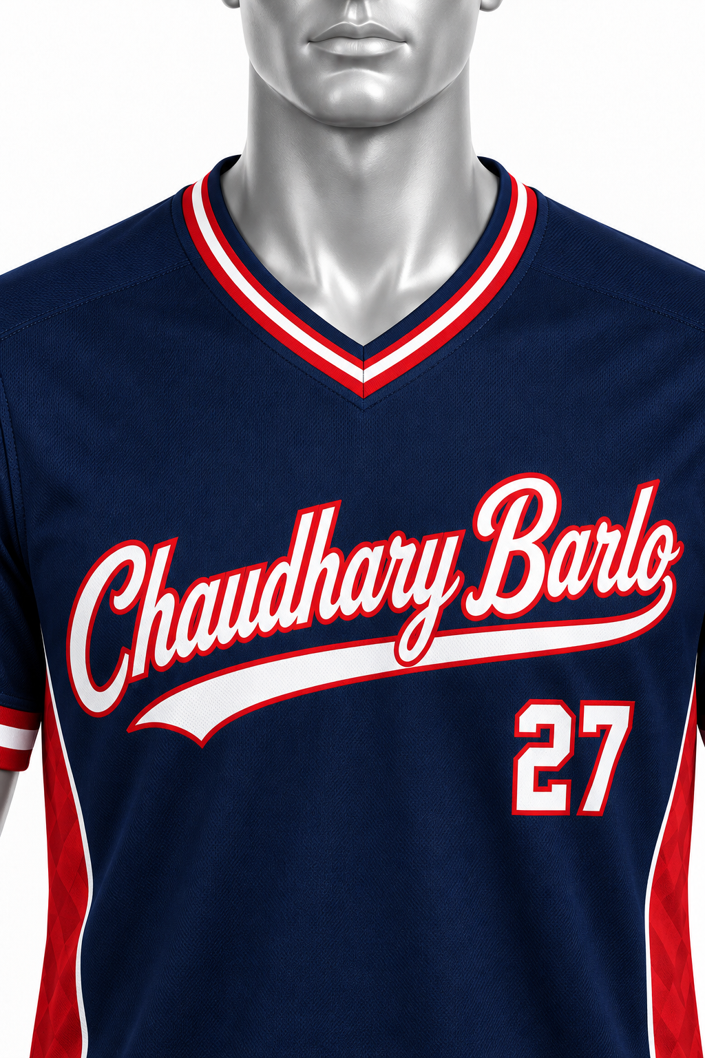 Custom Navy & Red V-Neck Sublimated Baseball Jersey – Chaudhary Barlo image 2