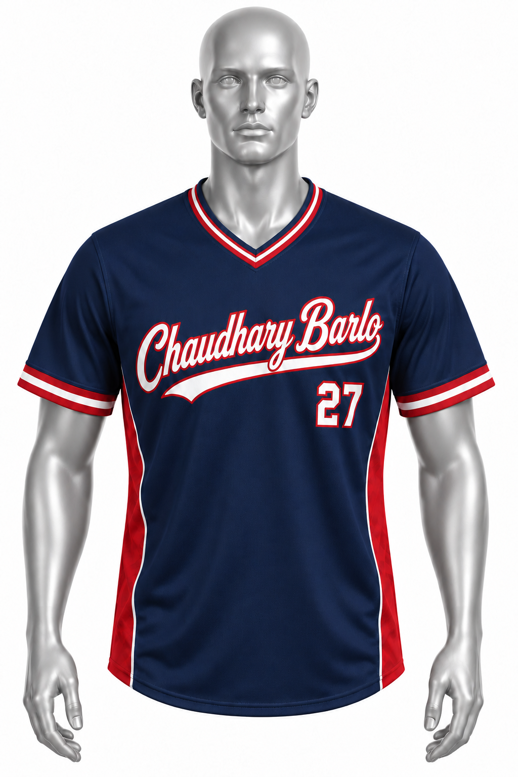 Custom Navy & Red V-Neck Sublimated Baseball Jersey – Chaudhary Barlo image 6