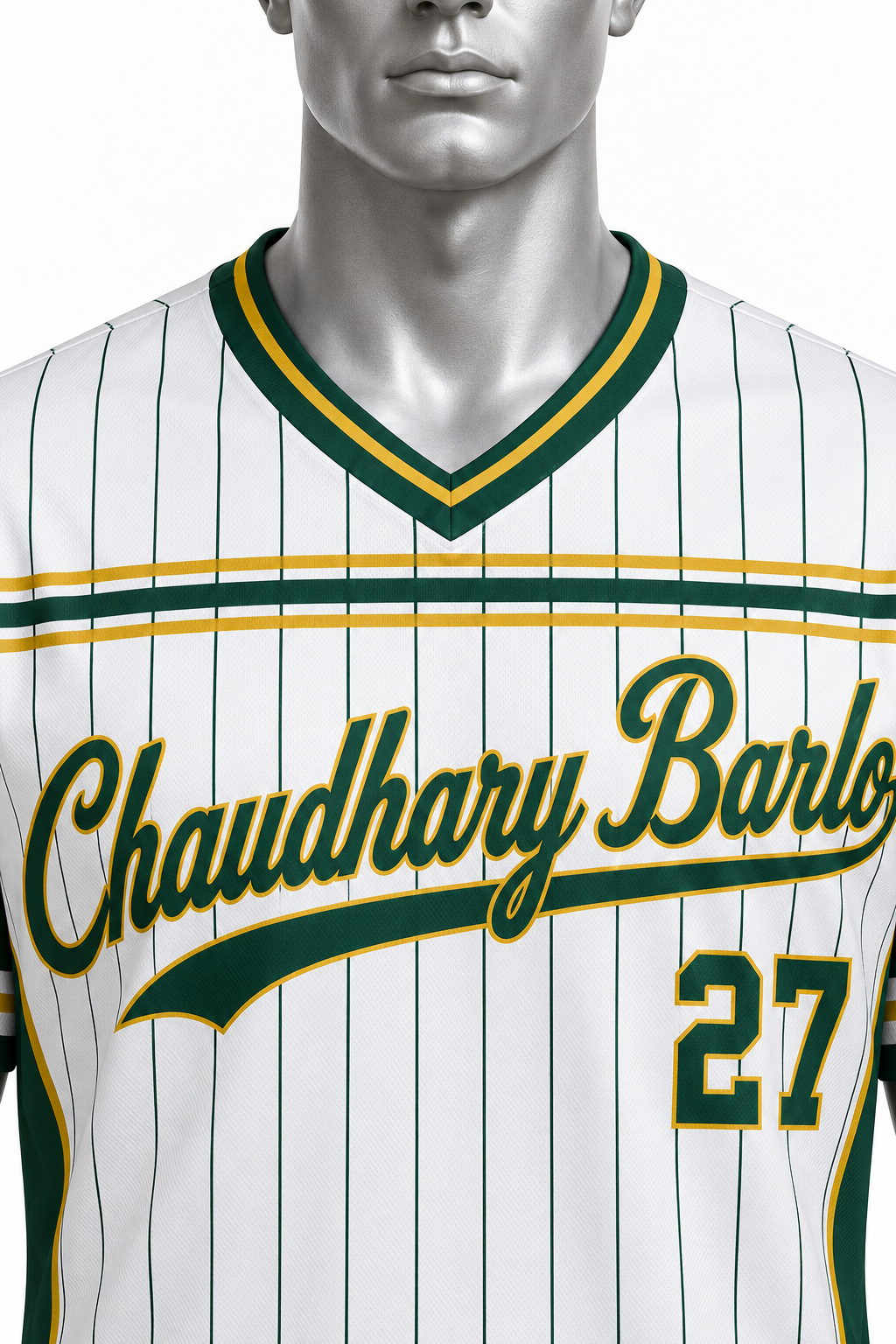 Custom White & Green V-Neck Sublimated Baseball Jersey – Chaudhary Barlo image 2