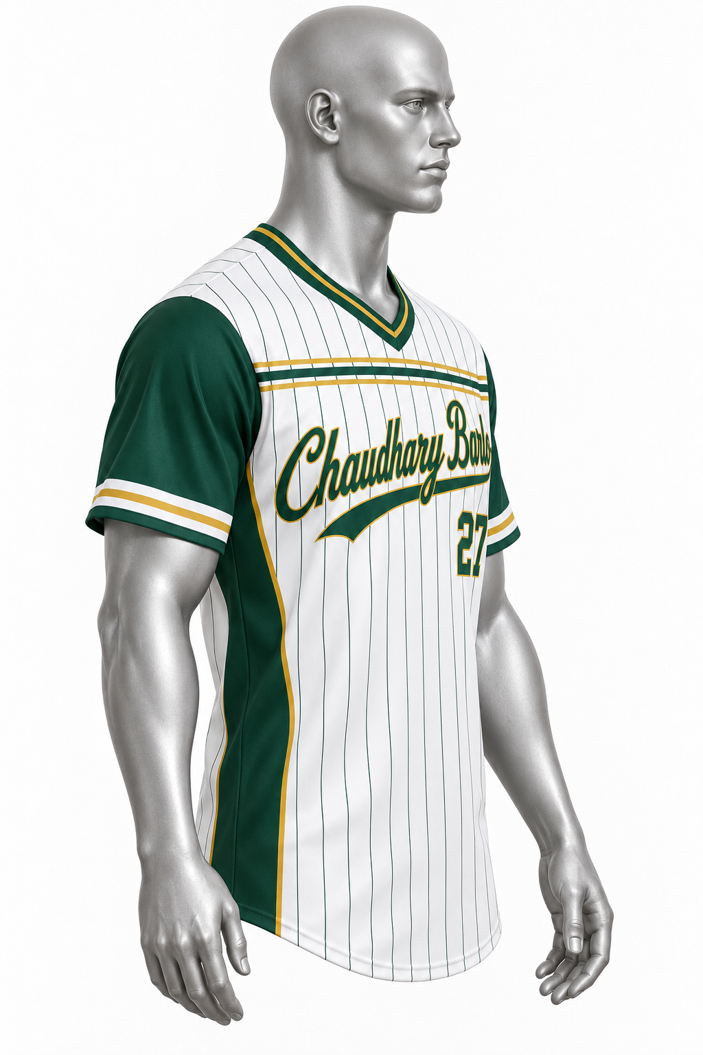 Custom White & Green V-Neck Sublimated Baseball Jersey – Chaudhary Barlo image 3