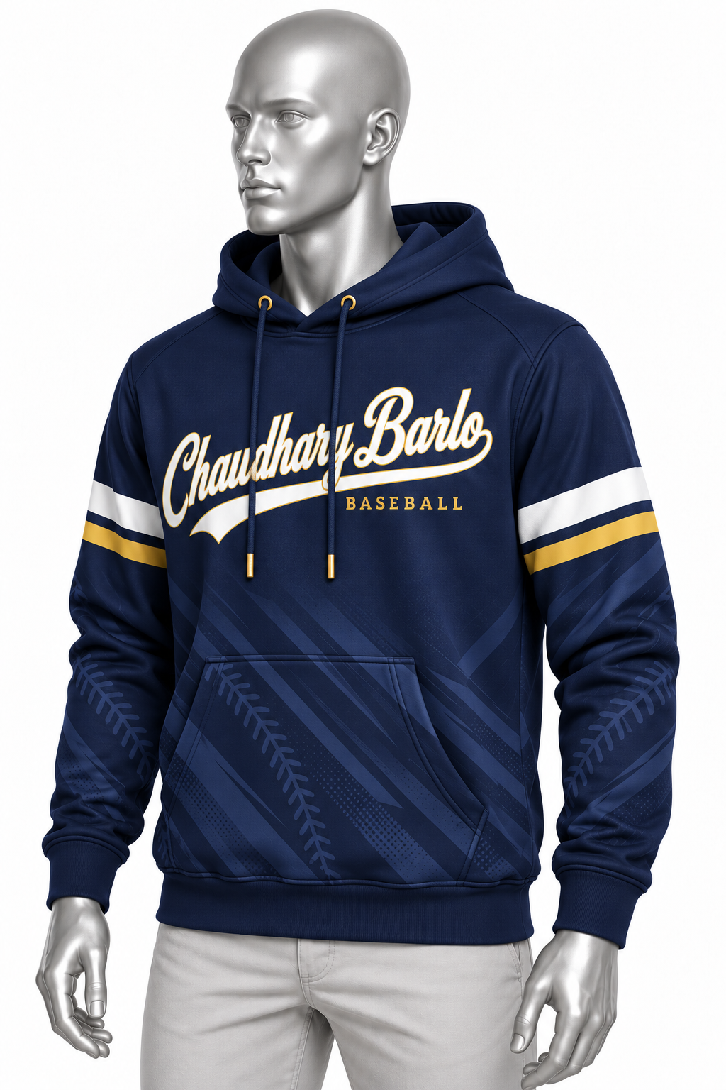 Custom Sublimated Baseball Hoodie – Navy White & Gold | Chaudhary Barlo