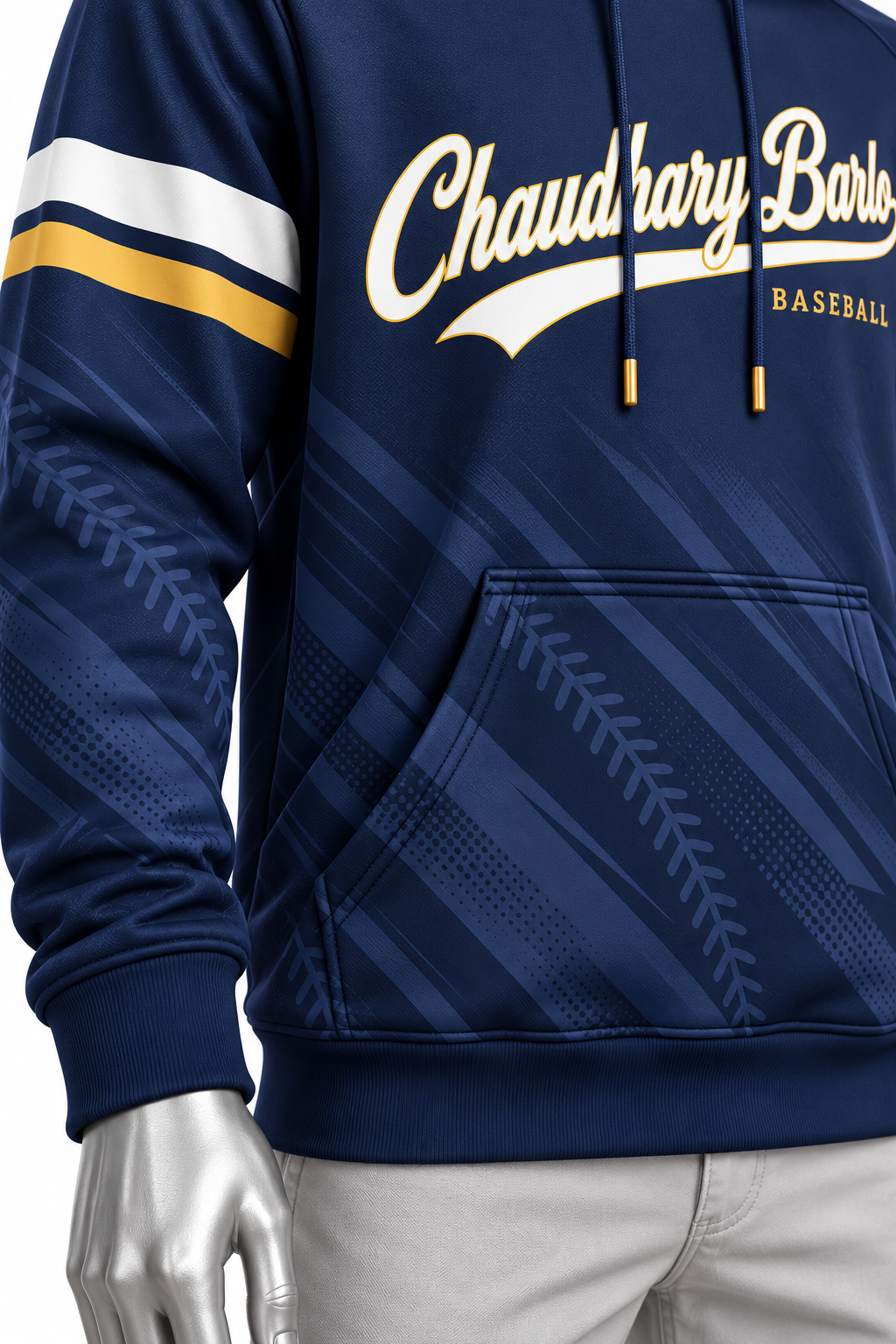 Custom Sublimated Baseball Hoodie – Navy White & Gold | Chaudhary Barlo image 2