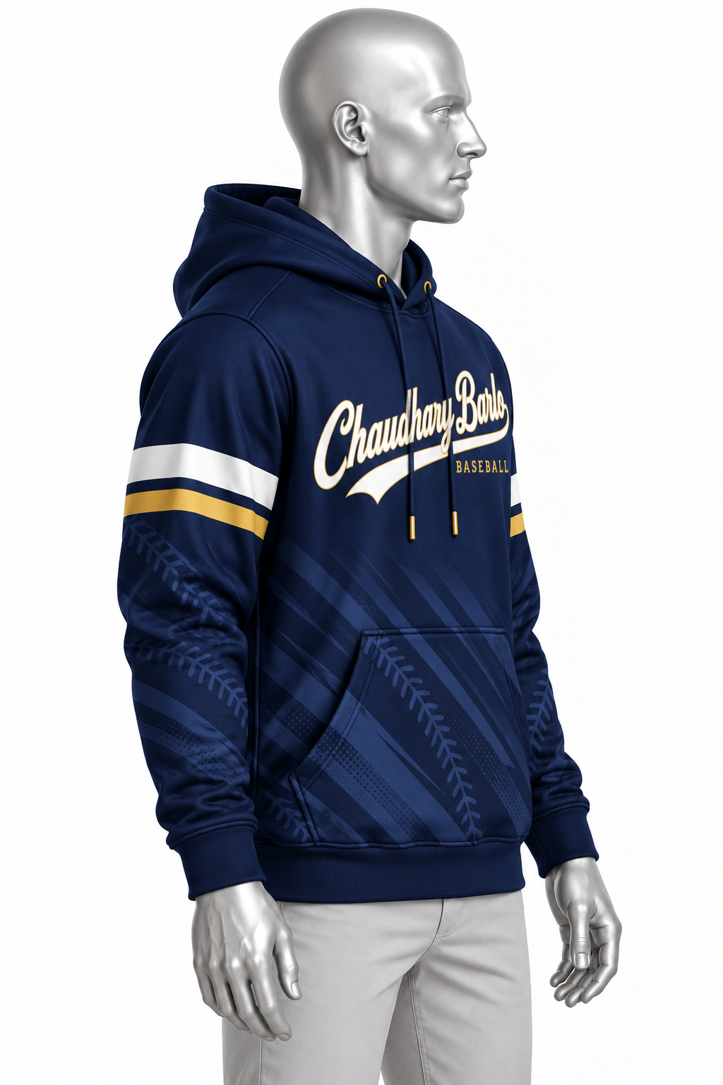 Custom Sublimated Baseball Hoodie – Navy White & Gold | Chaudhary Barlo image 3