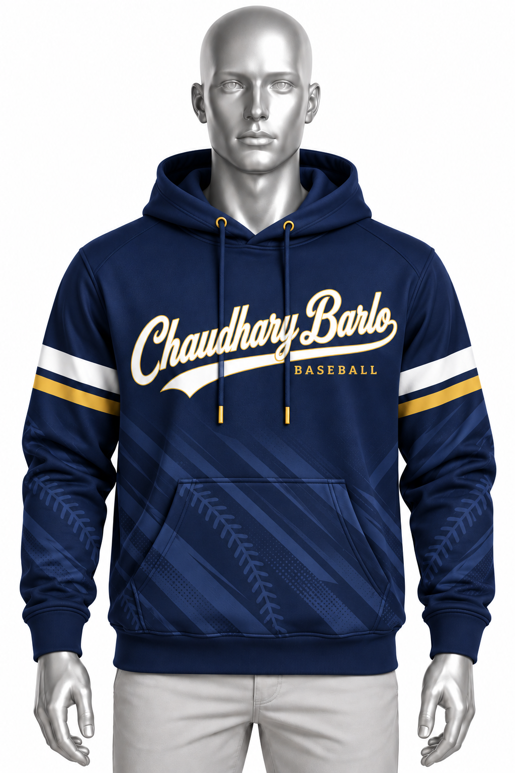 Custom Sublimated Baseball Hoodie – Navy White & Gold | Chaudhary Barlo image 4