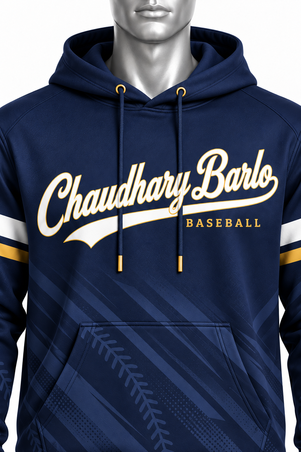 Custom Sublimated Baseball Hoodie – Navy White & Gold | Chaudhary Barlo image 5