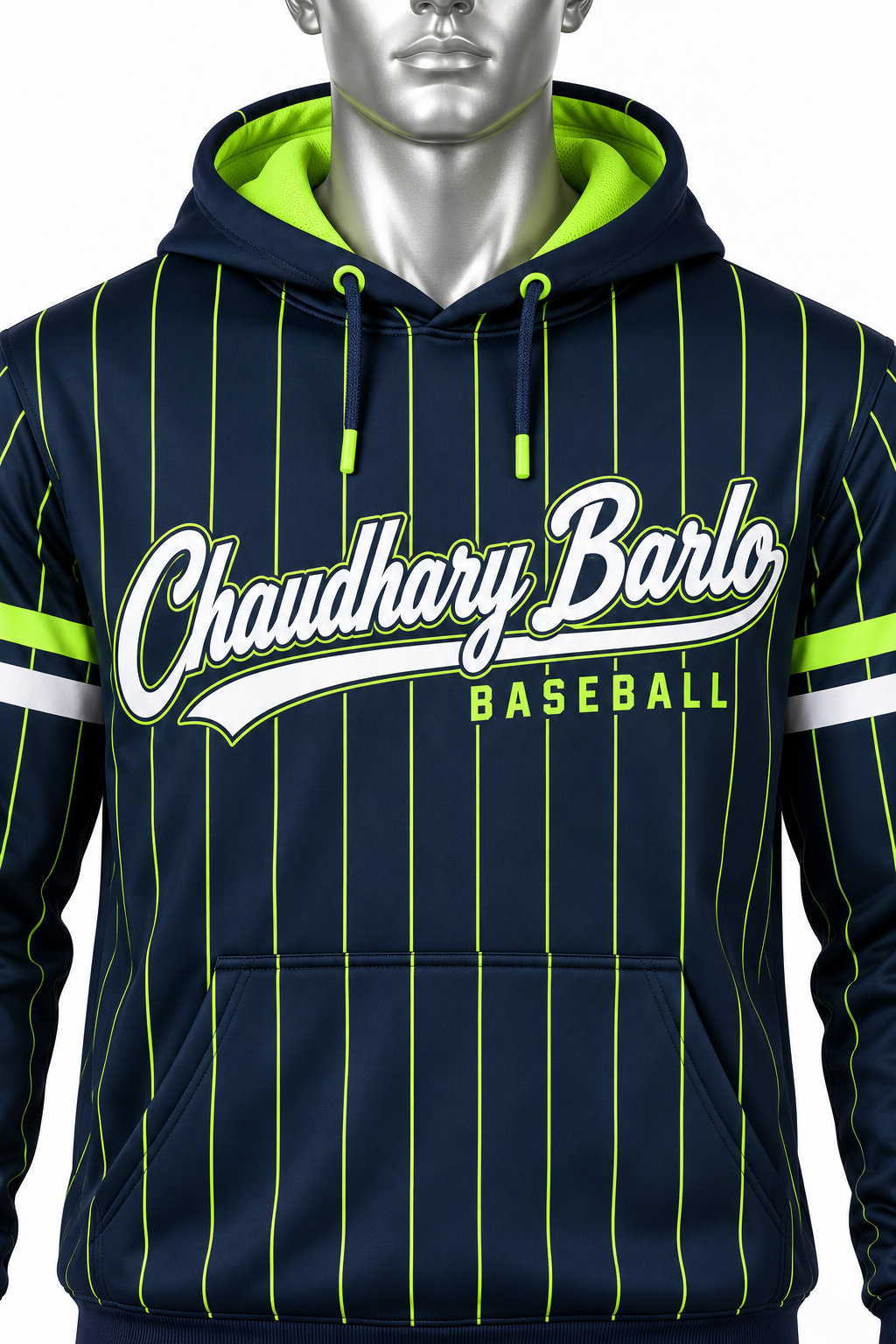 Custom Navy & Lime Pinstripe Baseball Hoodie – Chaudhary Barlo image 2