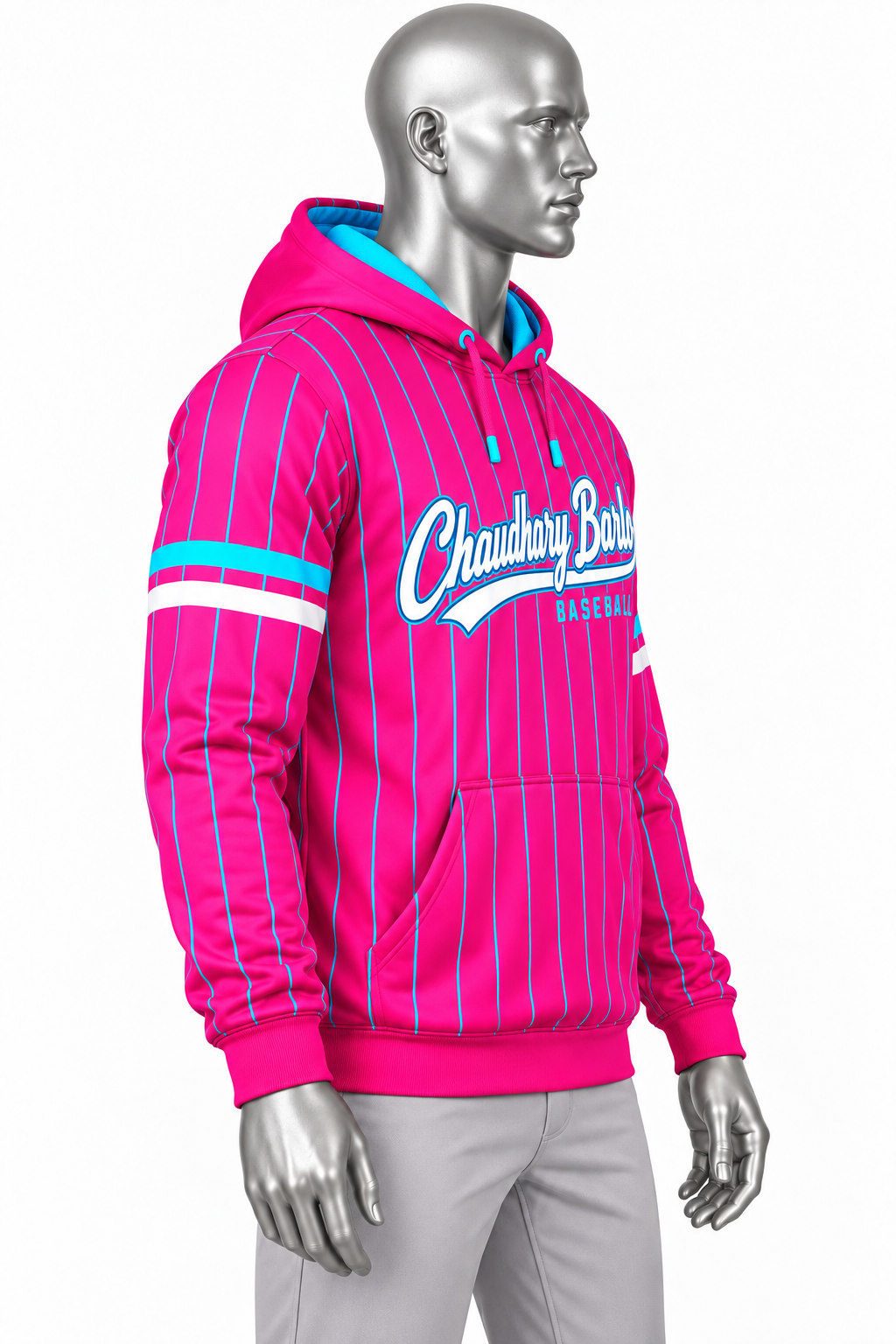 Custom Pink & Cyan Pinstripe Baseball Hoodie – Chaudhary Barlo image 2