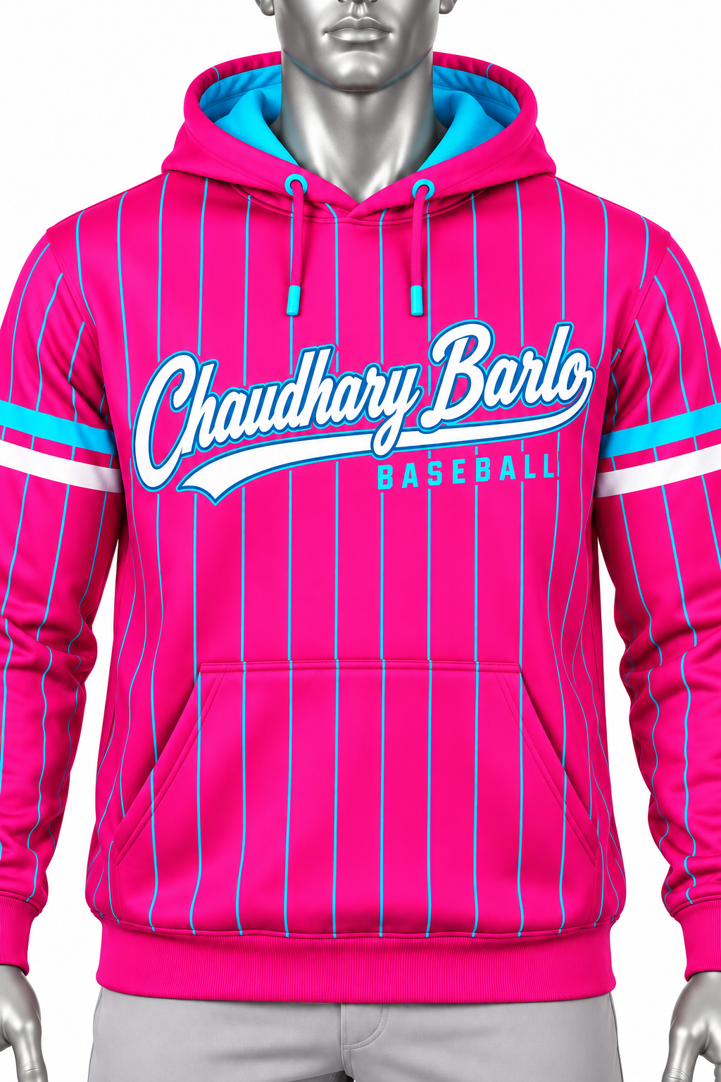 Custom Pink & Cyan Pinstripe Baseball Hoodie – Chaudhary Barlo image 3