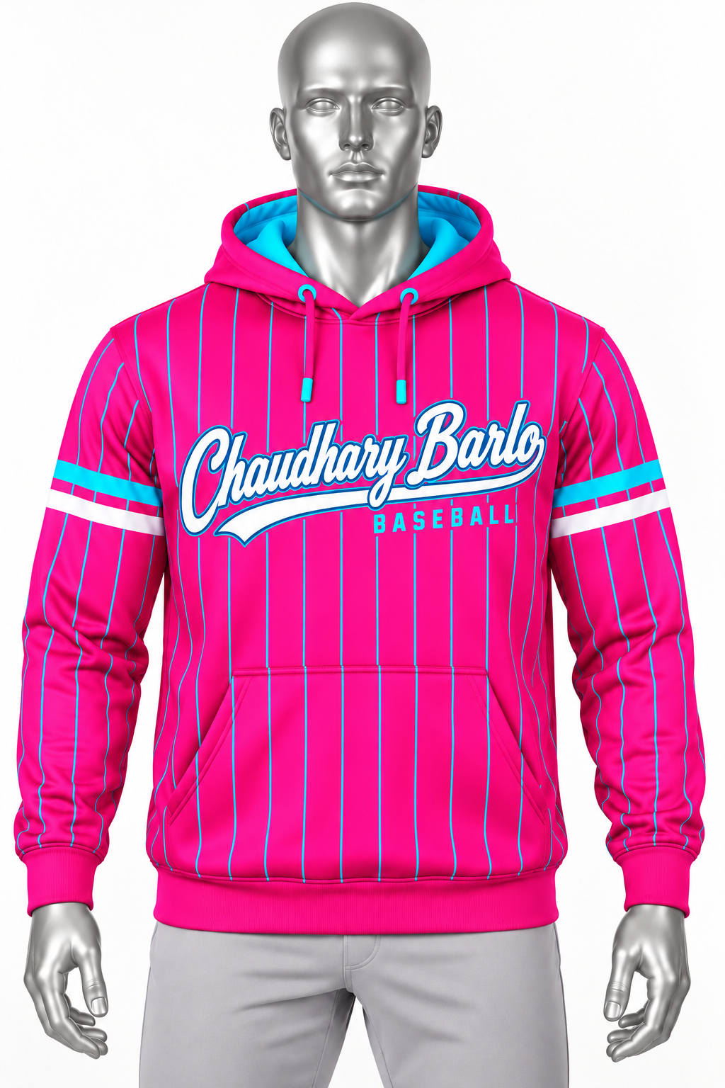 Custom Pink & Cyan Pinstripe Baseball Hoodie – Chaudhary Barlo image 5
