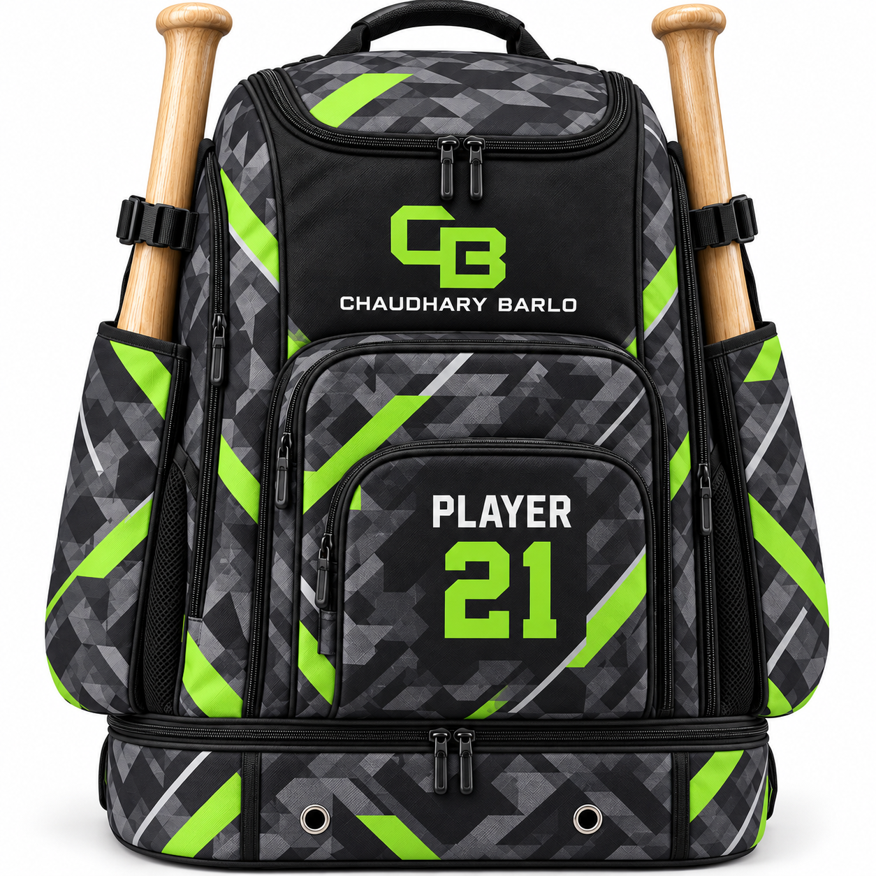Custom Camo Baseball Backpack – Charcoal & Lime Green | Chaudhary Barlo