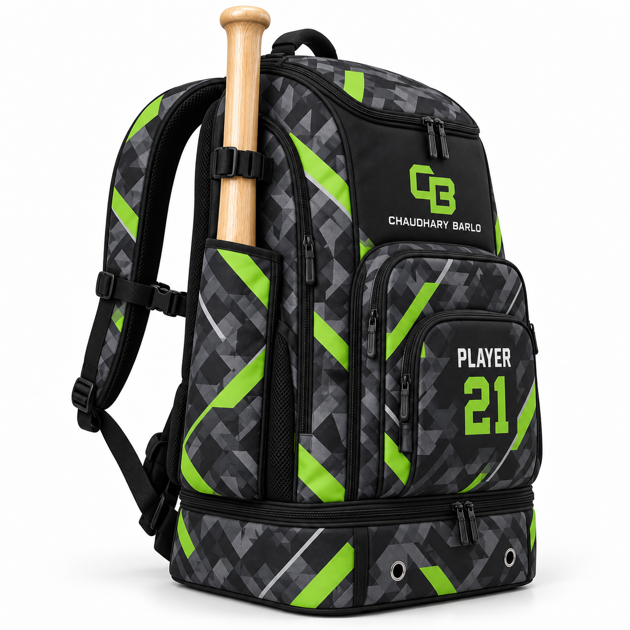 Custom Camo Baseball Backpack – Charcoal & Lime Green | Chaudhary Barlo image 2