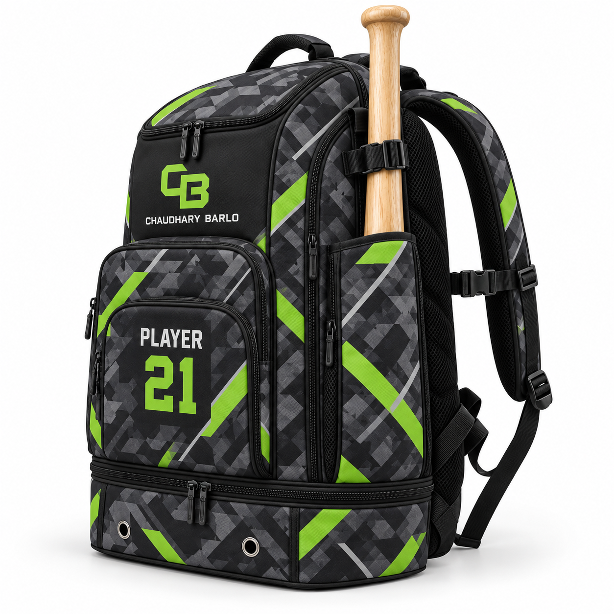 Custom Camo Baseball Backpack – Charcoal & Lime Green | Chaudhary Barlo image 3